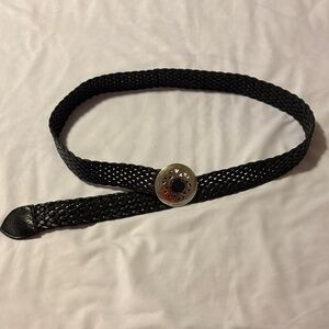 Chico’s Elegant Black Leather Woven Belt with Silver Buckle